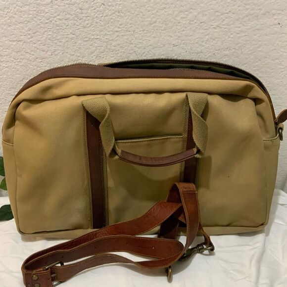 LL BEAN KHAKI CANVAS BROWN LEATHER 18" OVERNIGHT DUFFLE/SHOULDER BAG / C… - Picture 10 of 15